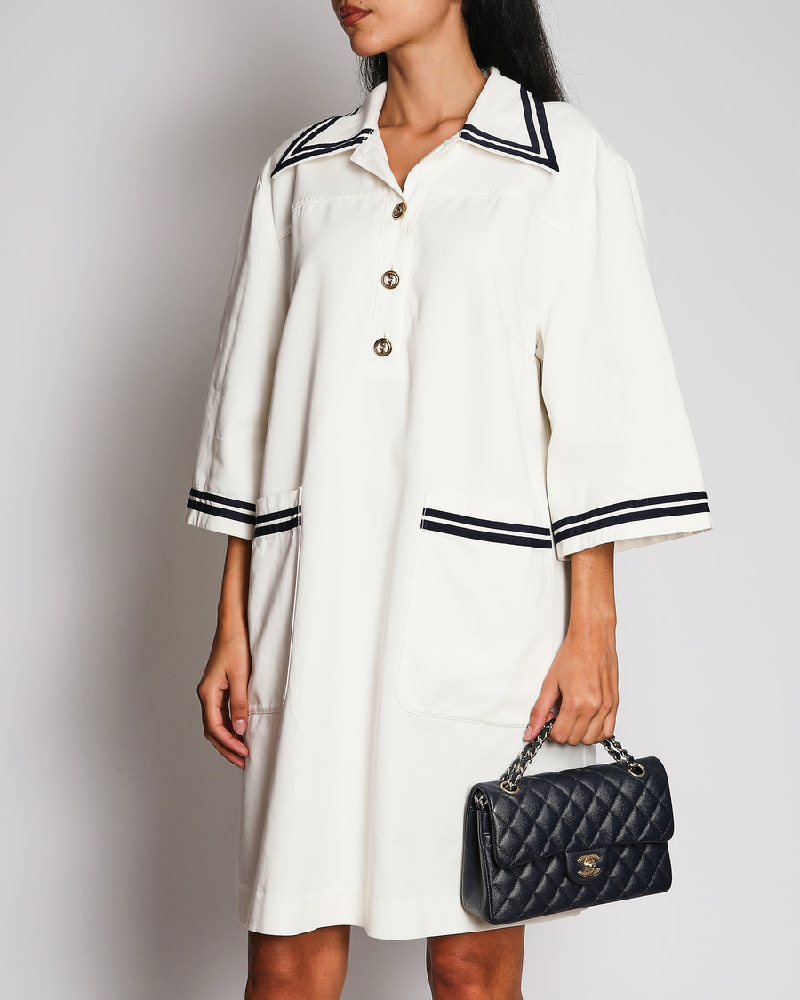 Gucci Cream Shirt Dress With Navy Trim And Gold Buttons Details Size 48 (UK 14)