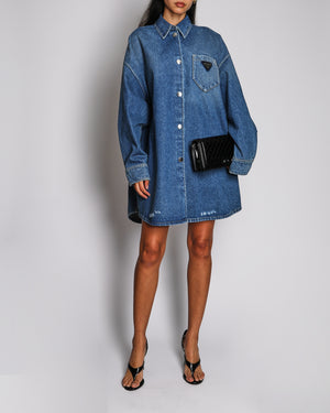 Prada Blue Denim Oversized Shirt With Enamel Prada Logo Size 46 (UK 14)