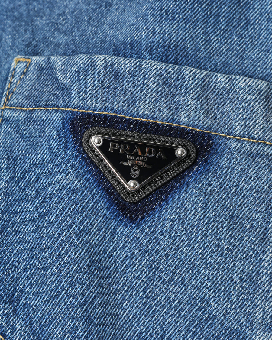 Prada Blue Denim Oversized Shirt With Enamel Prada Logo Size 46 (UK 14)
