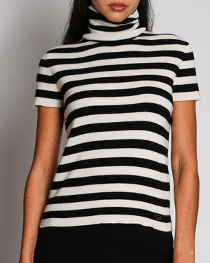Chanel Black And White Marinière Striped Mock Neck Knit Top With Perfume Bottle Logo Size FR 42 (UK