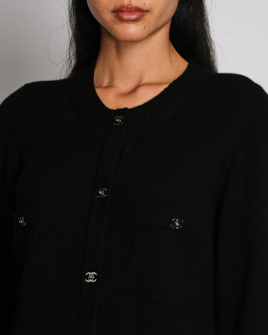 Chanel 10A Black Cashmere Long Line Cardigan with Pockets and Turn-Lock Details Size FR 42 (UK 14)