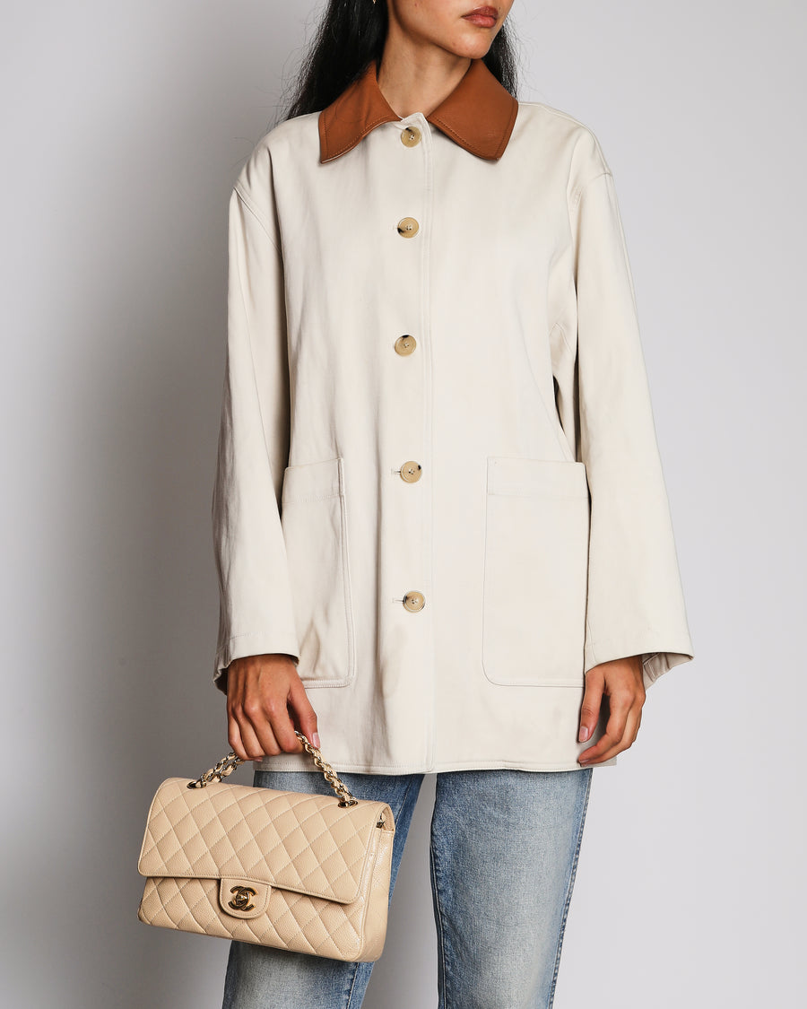 Toteme Beige Leather Collar Twill Jacket with Patch Pockets Size XS (UK 6)