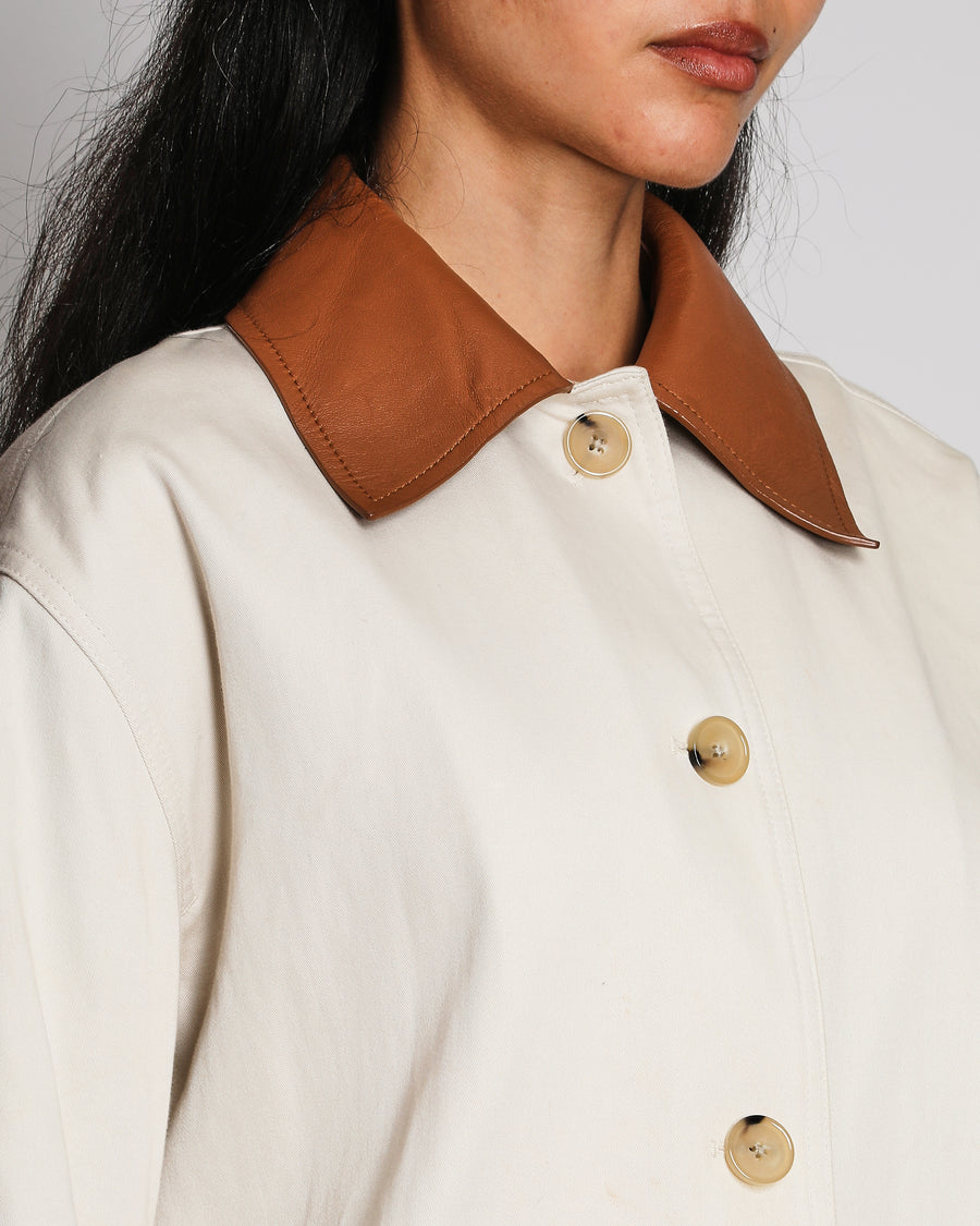 Toteme Beige Leather Collar Twill Jacket with Patch Pockets Size XS (UK 6)