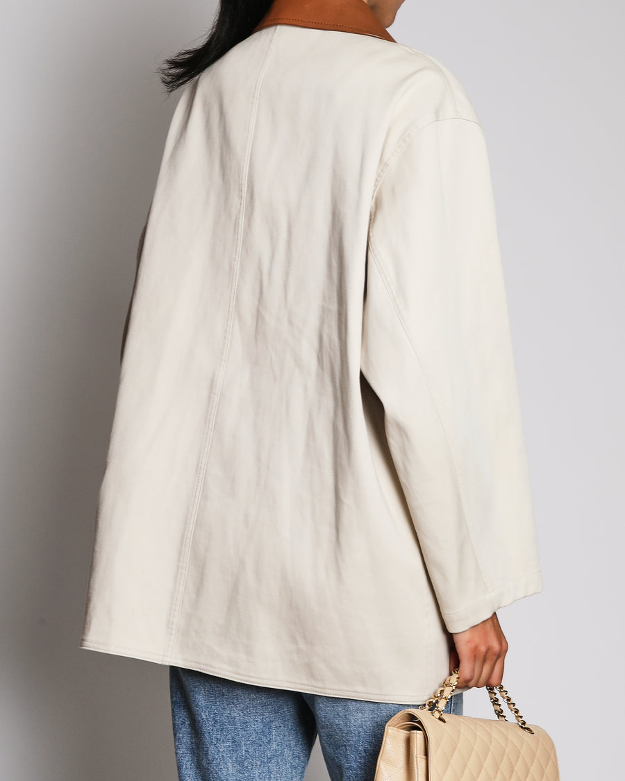 Toteme Beige Leather Collar Twill Jacket with Patch Pockets Size XS (UK 6)