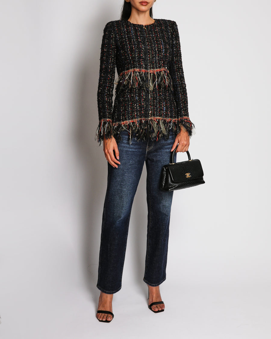 Chanel 2017 Paris-Cosmopolite Fantasy Multi-Colour Tweed Jacket with Fringe and Gold Zip Detail Size FR 38 (UK 10)