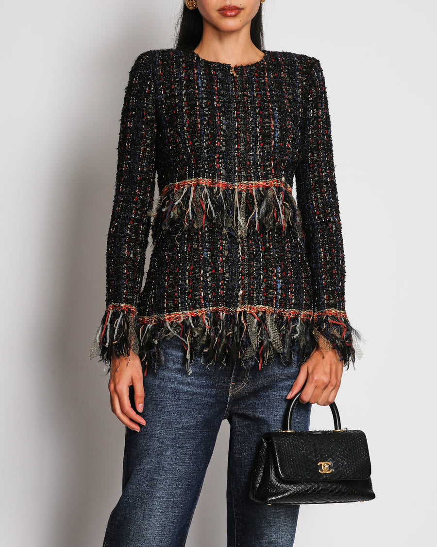 Chanel 2017 Paris-Cosmopolite Fantasy Multi-Colour Tweed Jacket with Fringe and Gold Zip Detail Size FR 38 (UK 10)