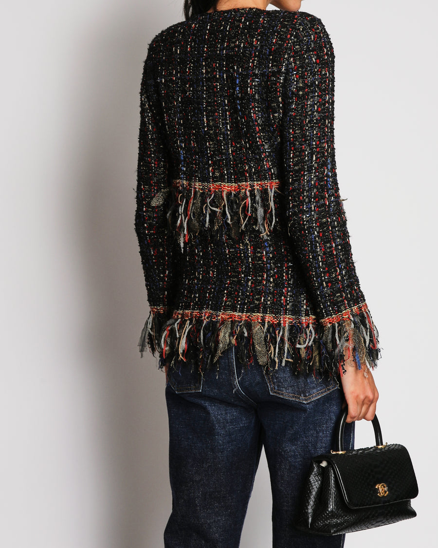 Chanel 2017 Paris-Cosmopolite Fantasy Multi-Colour Tweed Jacket with Fringe and Gold Zip Detail Size FR 38 (UK 10)