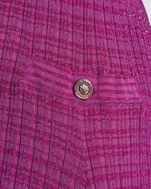 Chanel 22P Metallic Purple Rib Knit Sleeveless Midi Dress with Crystal Embellished CC Buttons and Belt Detail Size FR 34 (UK 6)