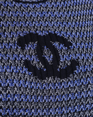Chanel 22C Blue and White Knitted Mini Dress With CC Detail and Silver Buttons Details Size FR 38 (UK 10)