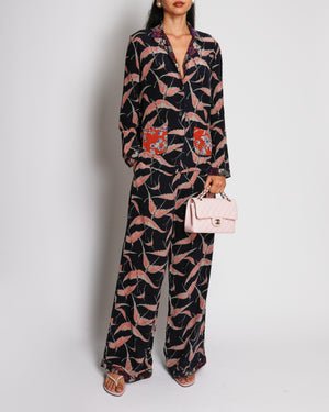 Valentino Black Silk Shirt and Trousers Set with Pink Bird Prints and Floral Trims Size IT 42 (UK 10)