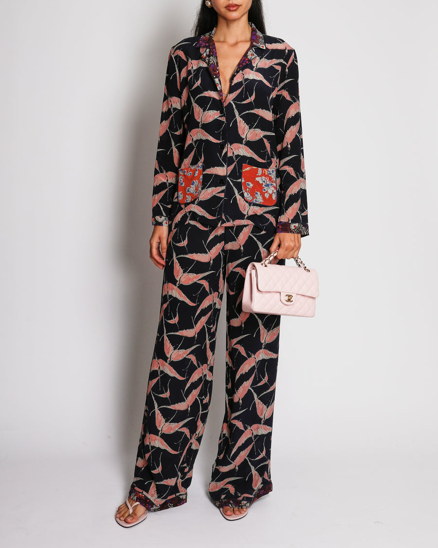 Valentino Black Silk Shirt and Trousers Set with Pink Bird Prints and Floral Trims Size IT 42 (UK 10)