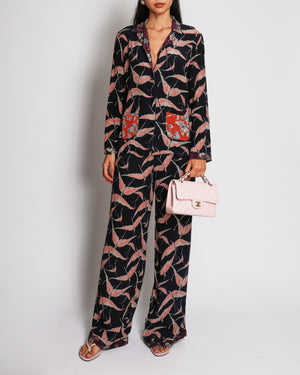 Valentino Black Silk Shirt and Trousers Set with Pink Bird Prints and Floral Trims Size IT 42 (UK 10)