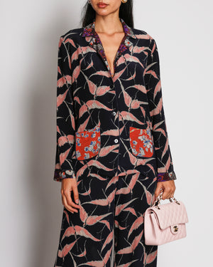 Valentino Black Silk Shirt and Trousers Set with Pink Bird Prints and Floral Trims Size IT 42 (UK 10)