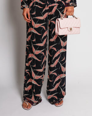Valentino Black Silk Shirt and Trousers Set with Pink Bird Prints and Floral Trims Size IT 42 (UK 10)