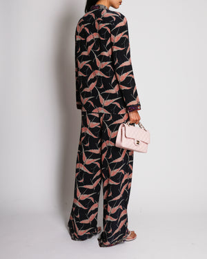 Valentino Black Silk Shirt and Trousers Set with Pink Bird Prints and Floral Trims Size IT 42 (UK 10)