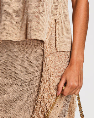 Magda Butrym Beige Crochet V-Neck Top and Mini Skirt Set with Fringe Details Size FR 36 (UK 8)