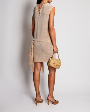 Magda Butrym Beige Crochet V-Neck Top and Mini Skirt Set with Fringe Details Size FR 36 (UK 8)