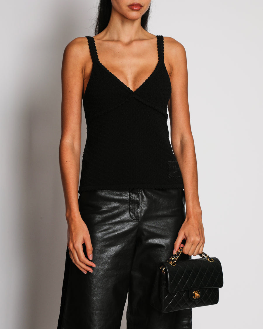 Chanel 25/S Black V-Neck Knit Top With Patch Logo Size FR 38 (UK 10)