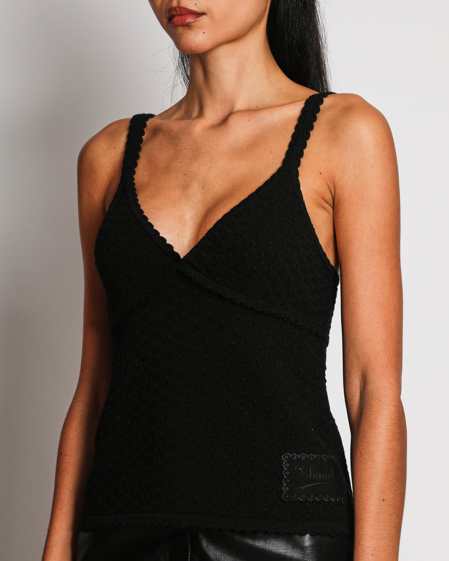 Chanel 25/S Black V-Neck Knit Top With Patch Logo Size FR 38 (UK 10)