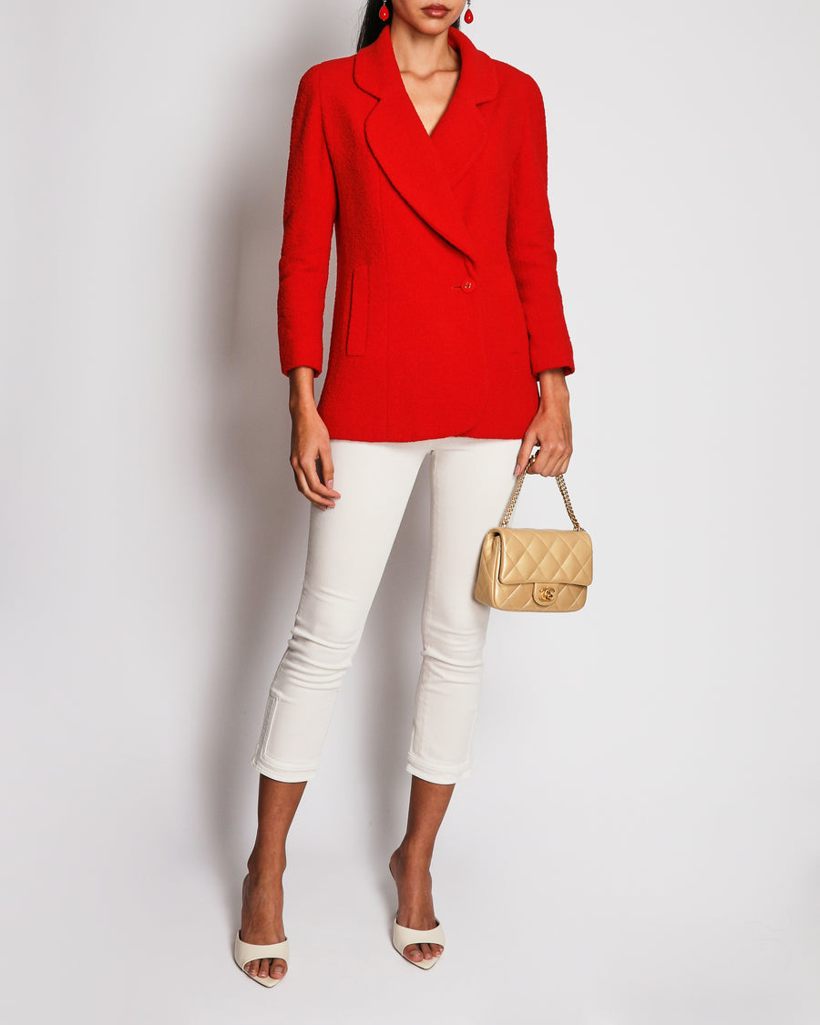 Chanel Vintage 94 F/W Runway Red Tweed Jacket With CC Button Details Size FR 36 (UK 8)