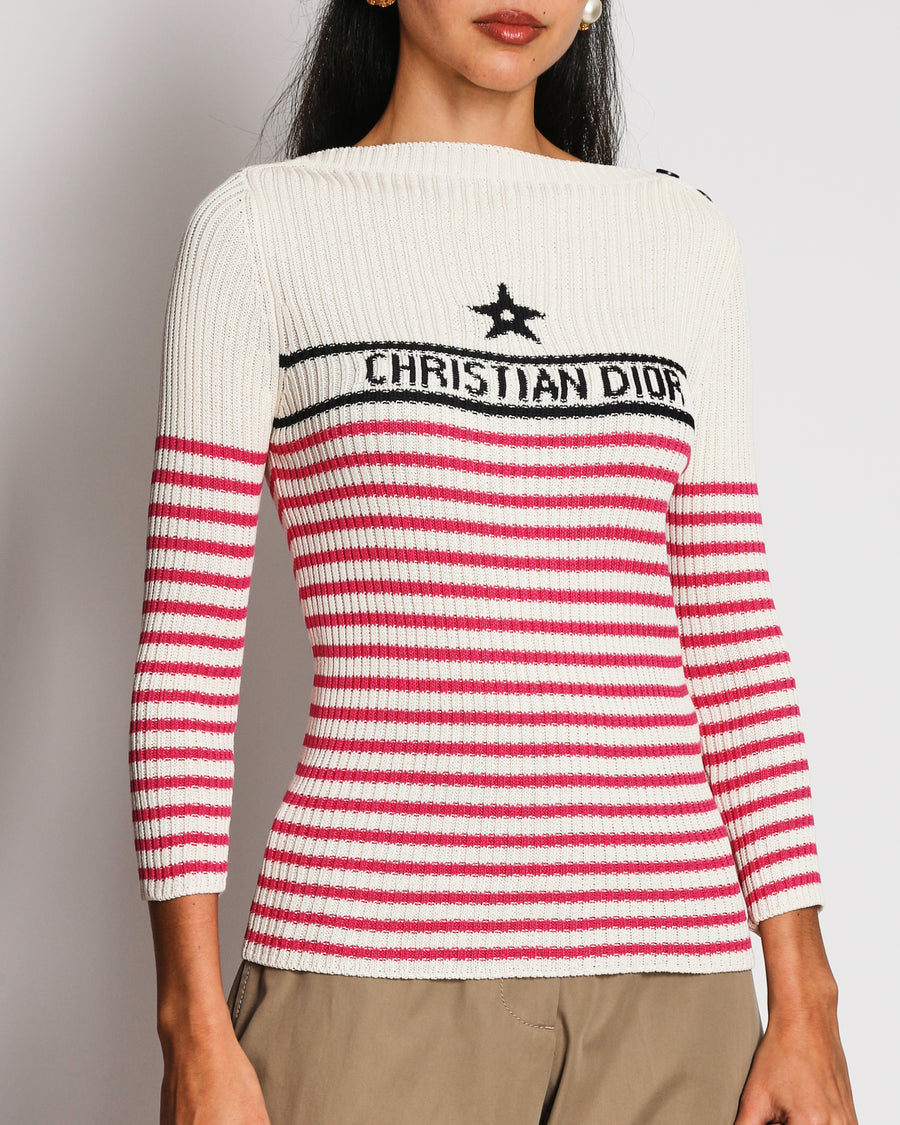 Christian Dior 22 Dioriviera Pink Striped Star Logo Knit Top Size FR 40 (UK 12)