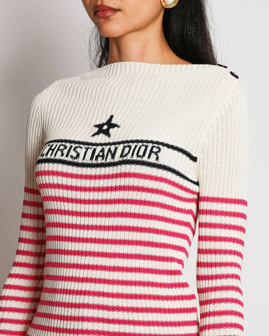 Christian Dior 22 Dioriviera Pink Striped Star Logo Knit Top Size FR 40 (UK 12)
