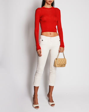 Saint Laurent Red Ribbed Knit Top with Gold YSL Logo Detail Size XS (UK 6)