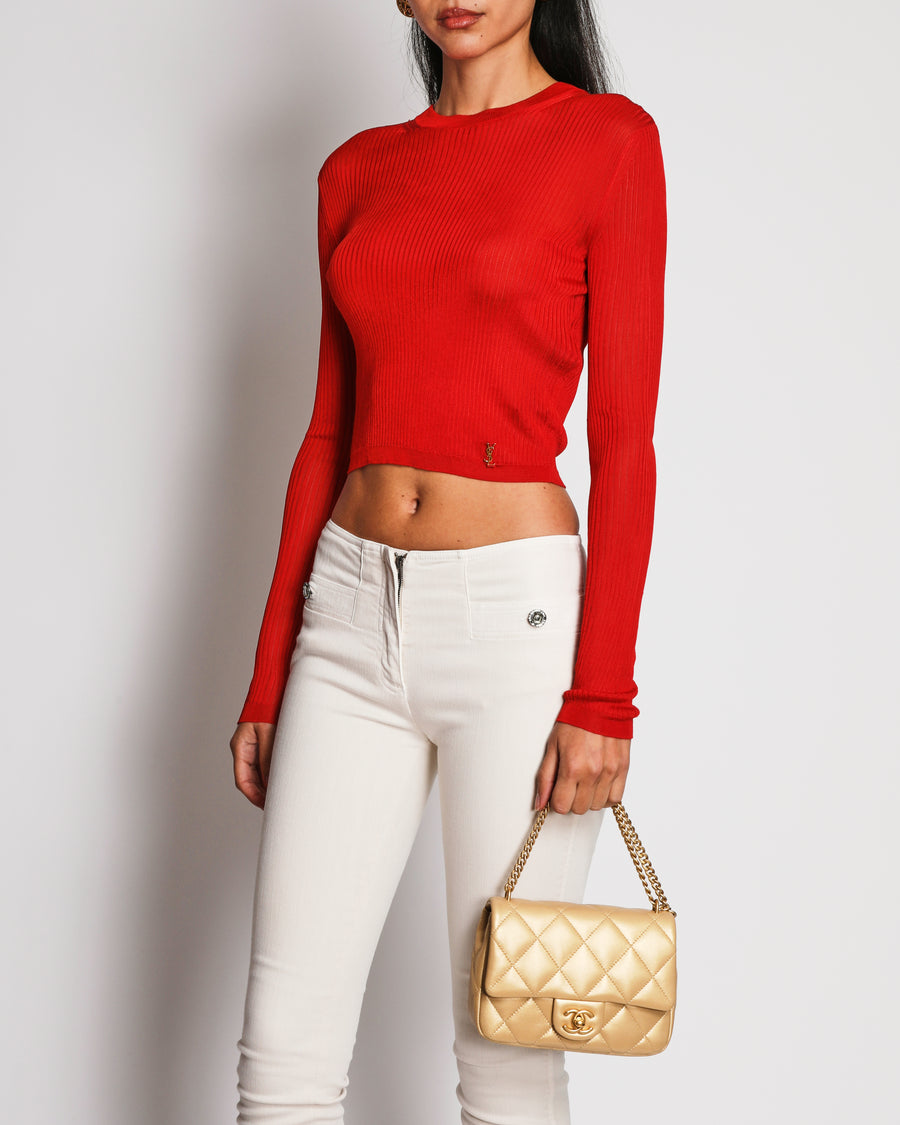 Saint Laurent Red Ribbed Knit Top with Gold YSL Logo Detail Size XS (UK 6)