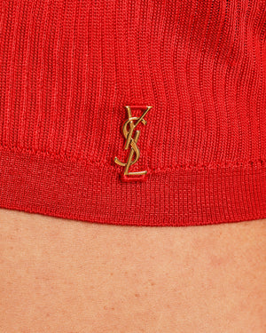 Saint Laurent Red Ribbed Knit Top with Gold YSL Logo Detail Size XS (UK 6)