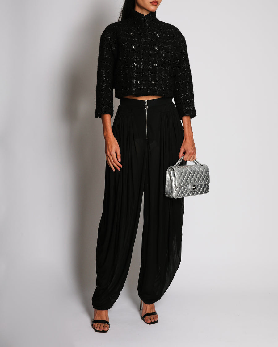 Chanel Black Tweed With Shimmery Threads Double Breasted Cropped Jacket With CC Button Details Size FR 34 (UK 6)