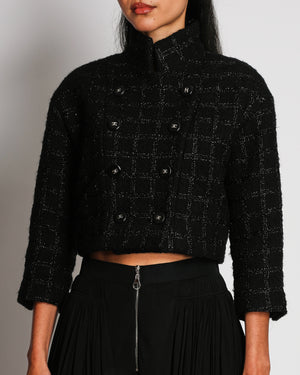 Chanel Black Tweed With Shimmery Threads Double Breasted Cropped Jacket With CC Button Details Size FR 34 (UK 6)