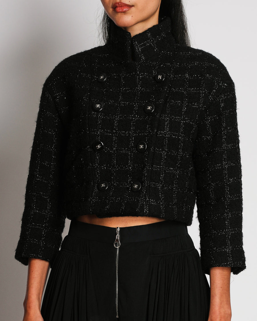 Chanel Black Tweed With Shimmery Threads Double Breasted Cropped Jacket With CC Button Details Size FR 34 (UK 6)