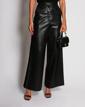 Chanel Black Leather Wide Legs Trousers With Velvet Trim On The Side and Button Details Size FR 36 (UK 8)