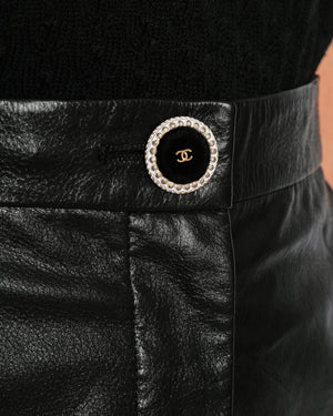Chanel Black Leather Wide Legs Trousers With Velvet Trim On The Side and Button Details Size FR 36 (UK 8)