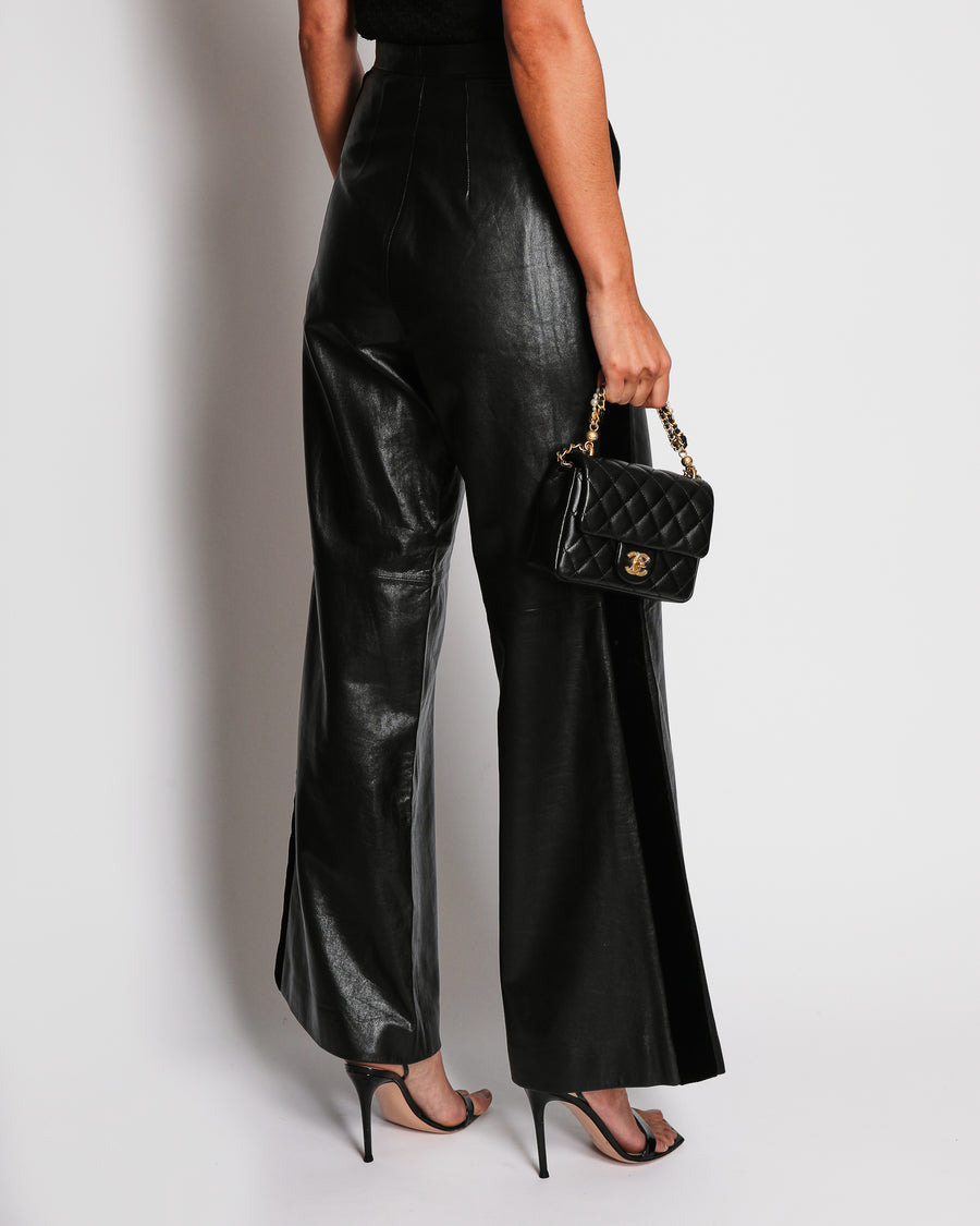 Chanel Black Leather Wide Legs Trousers With Velvet Trim On The Side and Button Details Size FR 36 (UK 8)