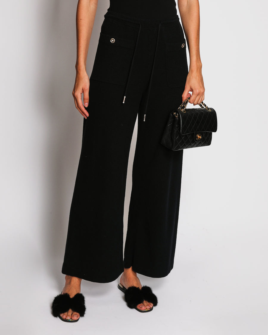 Chanel Black Wide Leg Joggers With Silver CC Logo Buttons Size FR 34 (UK 6)