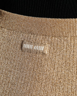 Miu Miu Metallic Gold Knit Mini Skirt with Logo Patch Size IT 36 (UK 4)
