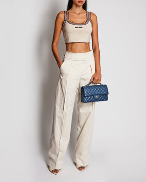 Miu Miu Beige Cashmere Crop Top with Logo Detail and Striped Trim Size IT 40 (UK 8)
