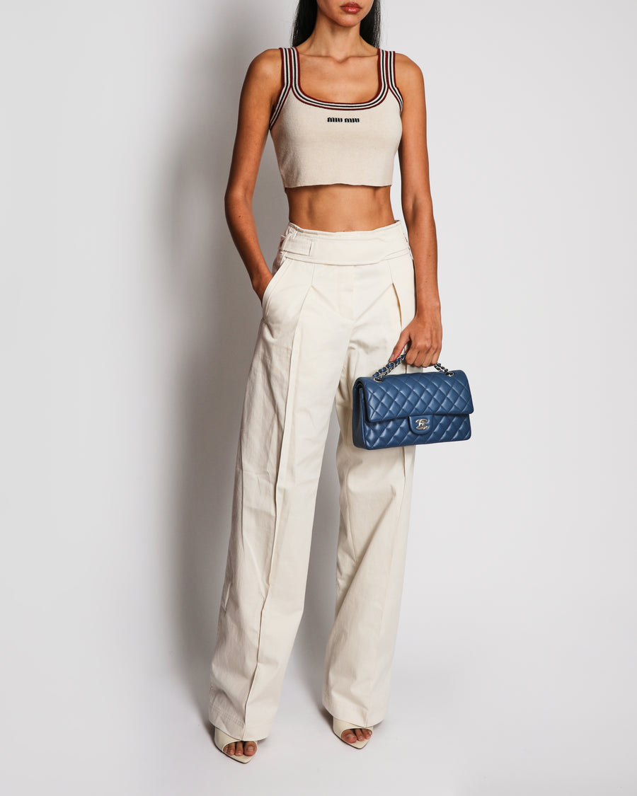 Miu Miu Beige Cashmere Crop Top with Logo Detail and Striped Trim Size IT 40 (UK 8)