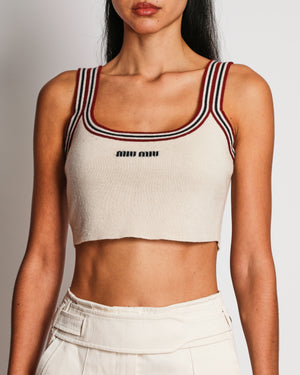Miu Miu Beige Cashmere Crop Top with Logo Detail and Striped Trim Size IT 40 (UK 8)