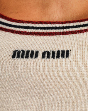 Miu Miu Beige Cashmere Crop Top with Logo Detail and Striped Trim Size IT 40 (UK 8)