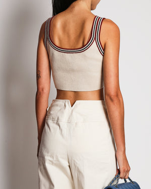 Miu Miu Beige Cashmere Crop Top with Logo Detail and Striped Trim Size IT 40 (UK 8)
