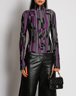 Chanel 23B Multicoloured CC Logo Print Long Sleeved Mock Neck Top with CC Button Detail Size FR 34 (UK 6)