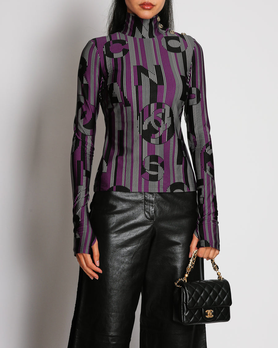 Chanel 23B Multicoloured CC Logo Print Long Sleeved Mock Neck Top with CC Button Detail Size FR 34 (UK 6)