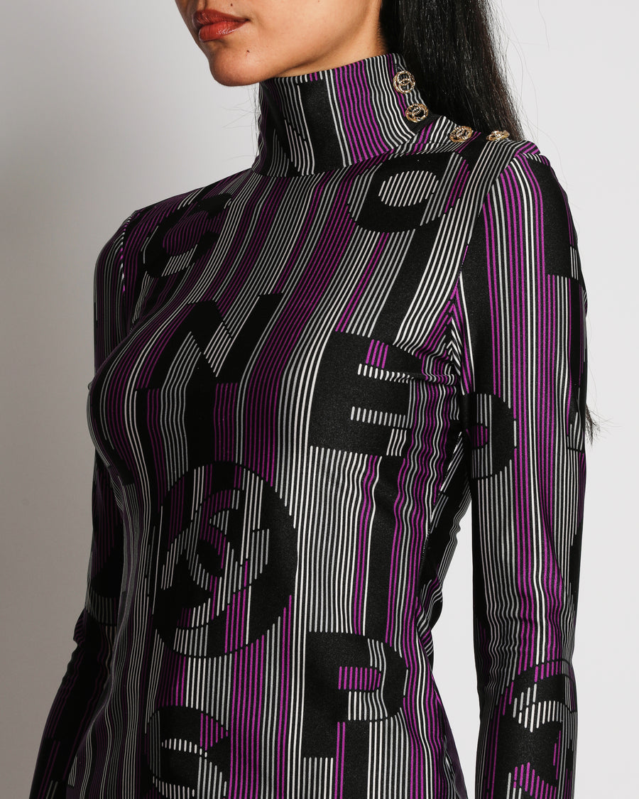 Chanel 23B Multicoloured CC Logo Print Long Sleeved Mock Neck Top with CC Button Detail Size FR 34 (UK 6)