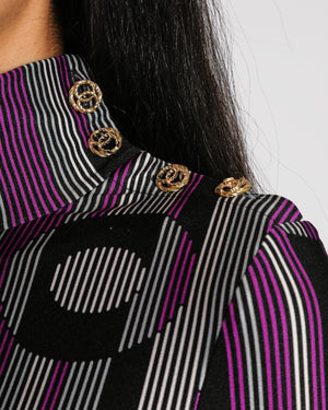Chanel 23B Multicoloured CC Logo Print Long Sleeved Mock Neck Top with CC Button Detail Size FR 34 (UK 6)