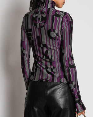 Chanel 23B Multicoloured CC Logo Print Long Sleeved Mock Neck Top with CC Button Detail Size FR 34 (UK 6)