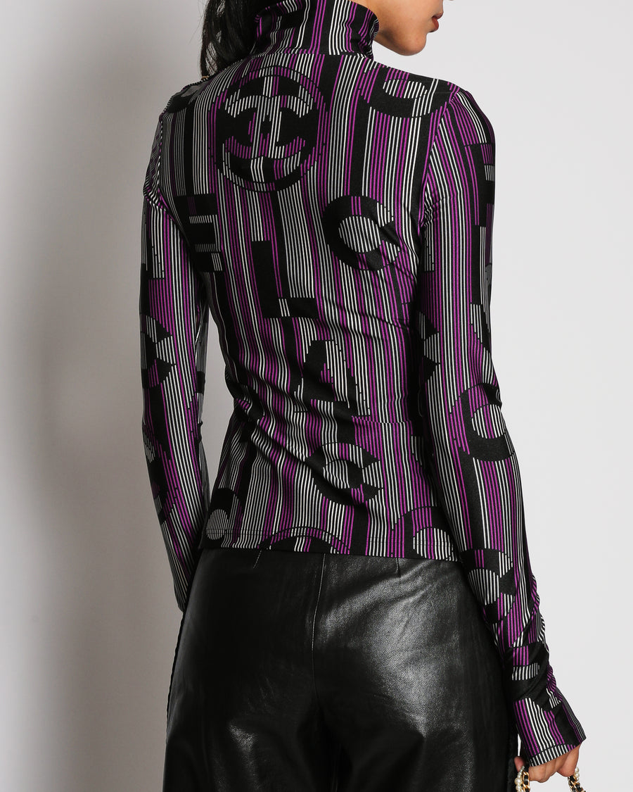 Chanel 23B Multicoloured CC Logo Print Long Sleeved Mock Neck Top with CC Button Detail Size FR 34 (UK 6)