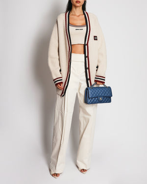 Miu Miu Cream Cashmere V-Neck Cardigan with Logo Detail and Striped Trim Size FR 36 (UK 8)