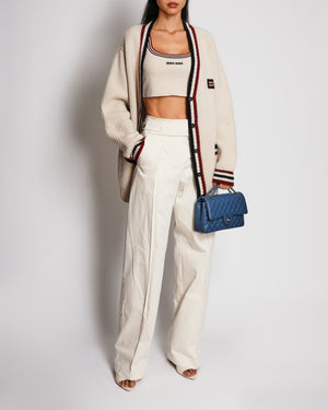 Miu Miu Cream Cashmere V-Neck Cardigan with Logo Detail and Striped Trim Size FR 36 (UK 8)